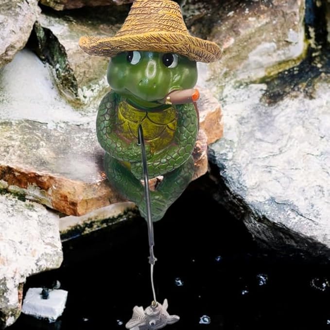 Tortoise Fishing Statue Garden Decor，9.8" Weatherproof Resin Tortoise Fishing Sculpture Decor for Fish Ponds, Koi Ponds, Waterfalls, Poolside Outdoor Gardens Resin Figurine for Indoor Outdoor Décor