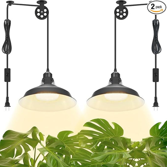 MYSWEETY Hanging Grow Light, Full Spectrum Hanging Plant Lights for Indoor, Vintage Decorative Grow Lights with 16.4FT Power Cord, Plug in Pendant Light with Adjustable Pulley for Plants, Flowers (2)