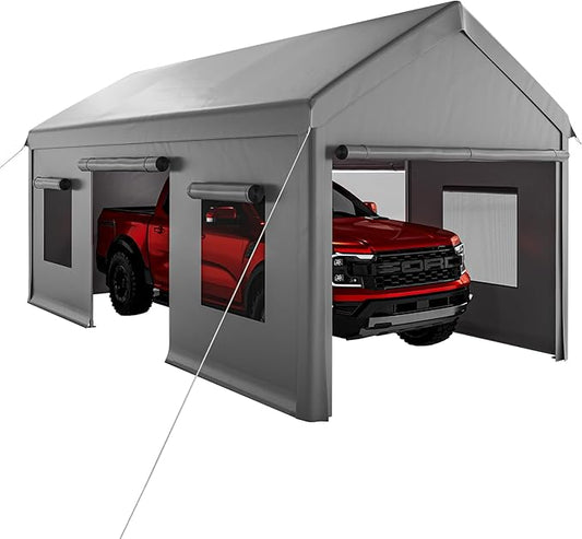 10x20ft Heavy Duty Carport with PE Fabric and Galvanized Steel Frame,Portable Garage with Roll-Up Doors and 4 Windows,Car Canopy with All-Season Tarp for Car, Truck, Boat.