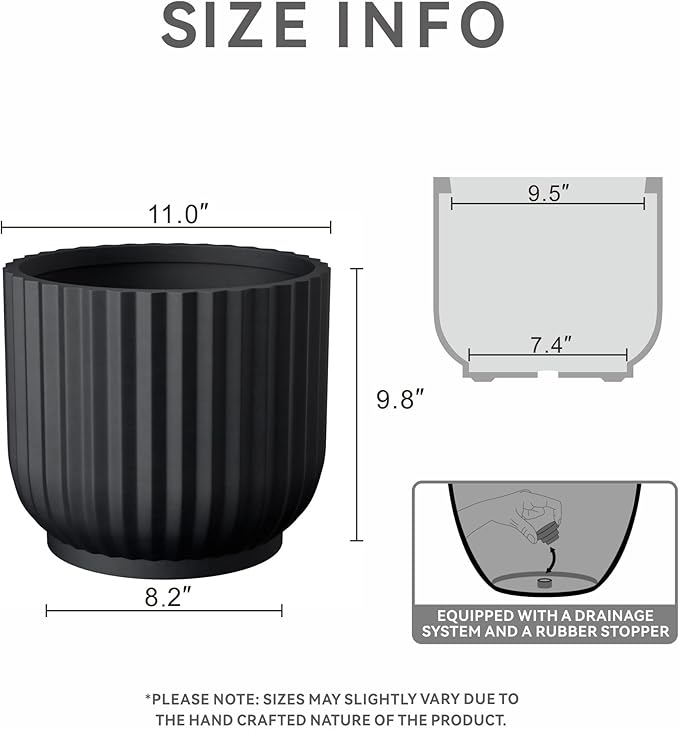 Kante Round Fulted Planter, 11 Inch Dia Large Concrete Plant Pots with Drainage Hole and Rubber Plug, Modern Decor for Indoor Outdoor Plants, Flower, Black