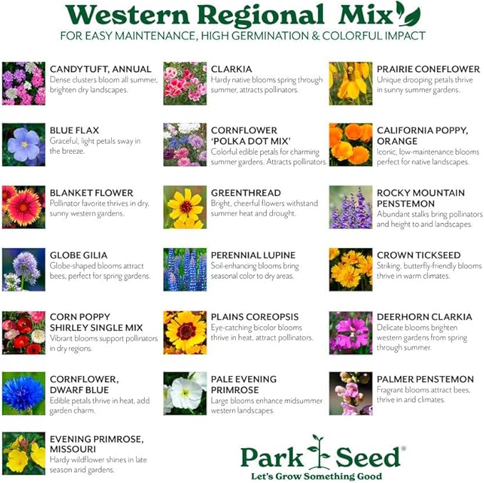 Park Seed Grow Your Own Vibrant Annual and Perennial Wildflower Garden Seeds Mixture, Easy to Grow Varieties for Pollinators and Spring Gardens - Western Regional Mix, 5 lbs