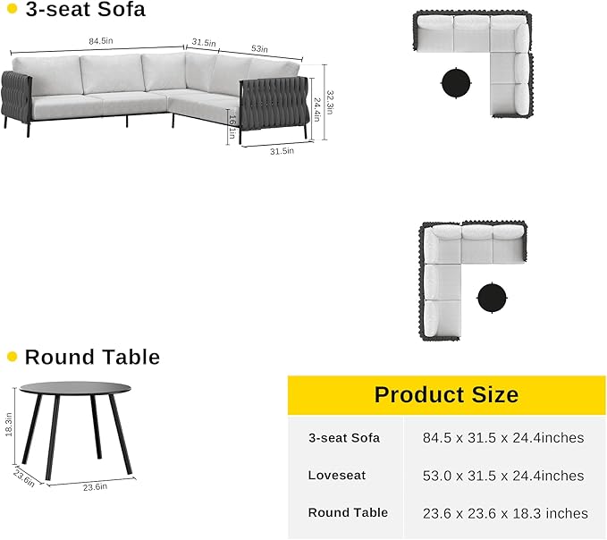 EAST OAK Life Chatter 5-Piece Patio Furniture Set, Outdoor Corner Sofa with Round Coffee Table, Deep Seating with Thick Washable Cushions, Grey