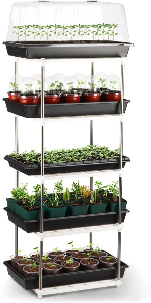 5 Layer Sprouting Tray Storage Shelf, Plant Tray Shelf Nursery Pot Tray Shelf Seeding Tray Container Shelves Indoor/Outdoor Plant Rack Holder (White)