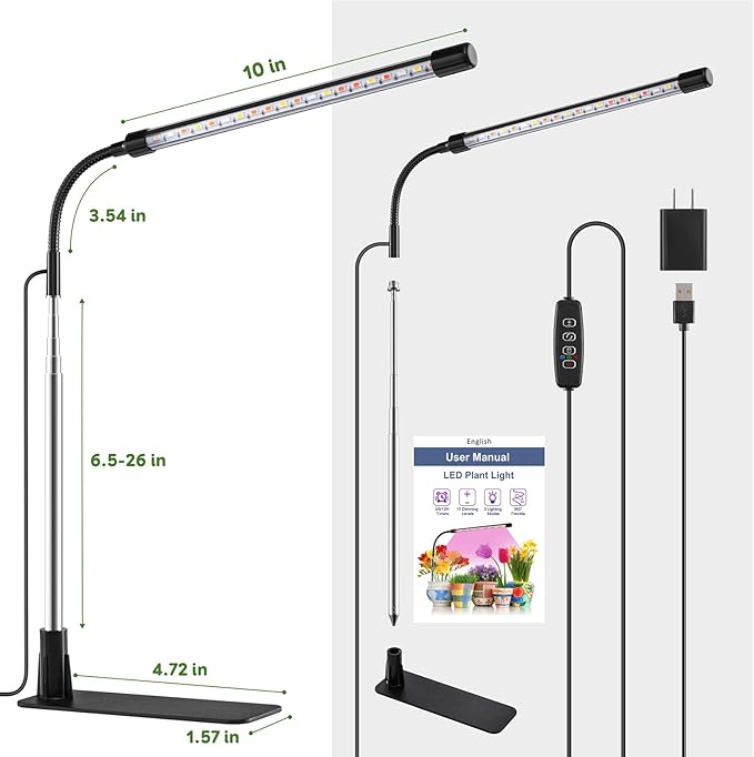 Grow Lights for Indoor Plants, Full Spectrum LED Plant Lights with Base, Adjustable Height 6.5"-26", 10 Dimmable Levels, Auto Timer 3/9/12H, Desk Grow Lamps for Indoor Growing (2 Pack)