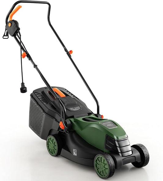 S AFSTAR Electric Corded Lawn Mower, 12-AMP 14-Inch Walk-Behind Lawnmower with Collection Box, 3 Adjustable Height Position, Self Locking Function, Push Lawn Mower for Backyard Patio