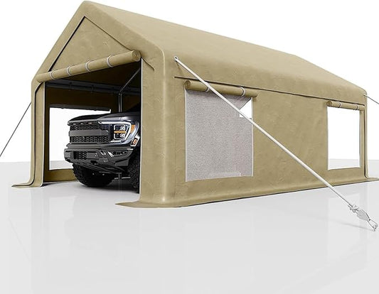 13X20Ft Waterproof Carport Canopy with Roll-Up Mesh Windows & Double Zipper Doors, 200g PE Tarp Cover for Cars, Trucks, SUVs, RVs, Boats & Outdoor Equipment Storage, Khaki