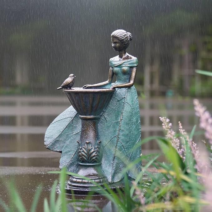 DiliComing Fairy Outdoor-Statues Garden-Decor with Solar - 12 Inch Resin Leaf Girls Birdbath Sculpture Waterproof Outdoor Decor for Patio/Yard, Unique Bird Feeder Figurines Home Decor Gifts for Women