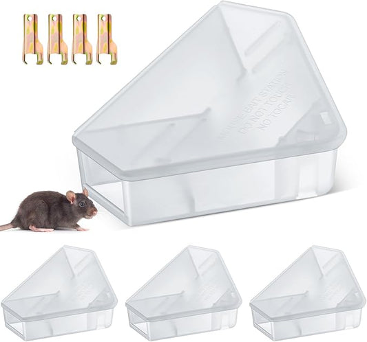 Qualirey 4 Pcs Mice Station with Key Triangle Bait Station Reusable Rodent Trap Bait Box, Keeps Children and Pets Safe Indoor & Outdoor, Bait Not Included, Suitable for Small Mice (Translucent)
