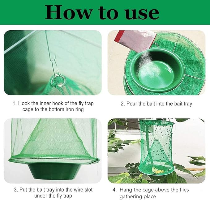 Ranch Fly Trap Outdoor Hanging Reusable with Fishing Apparatus | Food Bait Tray Catcher Cage for Indoor or Outdoor Family Farms, Park (4 Pack)