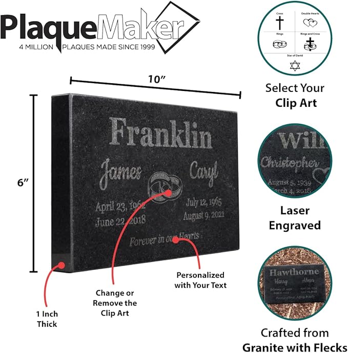 PlaqueMaker Black Granite Memorial Headstone for Two Lost Loved - Great for Your Garden, Tree Dedication, or in a Cemetery. Includes Your Text and Select Clipart (10 x 6 x 1)