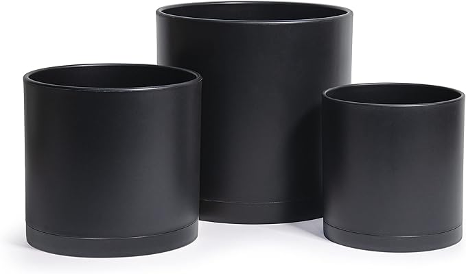 D'vine Dev 6.5 Inch 8 Inch 10 Inch, Set of 3 Plastic Planter Pots for Plants with Drainage Hole and Seamless Saucers, Black Color, Large, 74-V-B-4