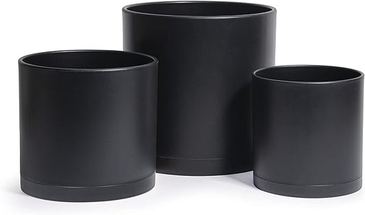 D'vine Dev 6.5 Inch 8 Inch 10 Inch, Set of 3 Plastic Planter Pots for Plants with Drainage Hole and Seamless Saucers, Black Color, Large, 74-V-B-4