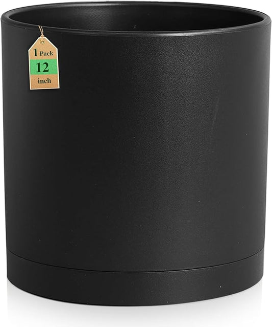 12 inch Large Deep Plant Pots for Outdoor Indoor Plants, Tall Cylinder Flower Pots with Drainage Holes and Saucer, Big Decorative Plastic Planter Pots for Garden Porch House Plants, Black