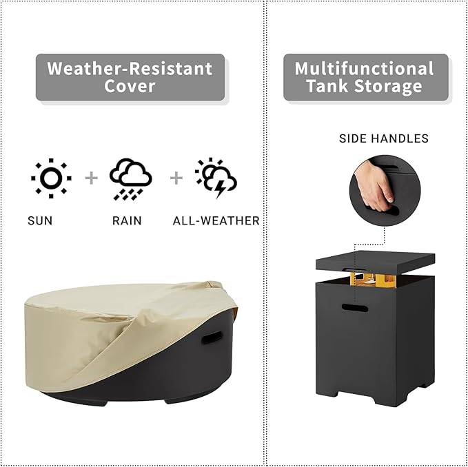 ECOTOUGE 2-Piece Gas Fire Pit, Outdoor Propane Firepit Table Set w/Tank Cover, 30''Auto-Ignition Round Steel Fire Table, 50,000 BTU Concrete fire Pit w/Weather-Resistant Pit Cover, Lava Rocks, Black