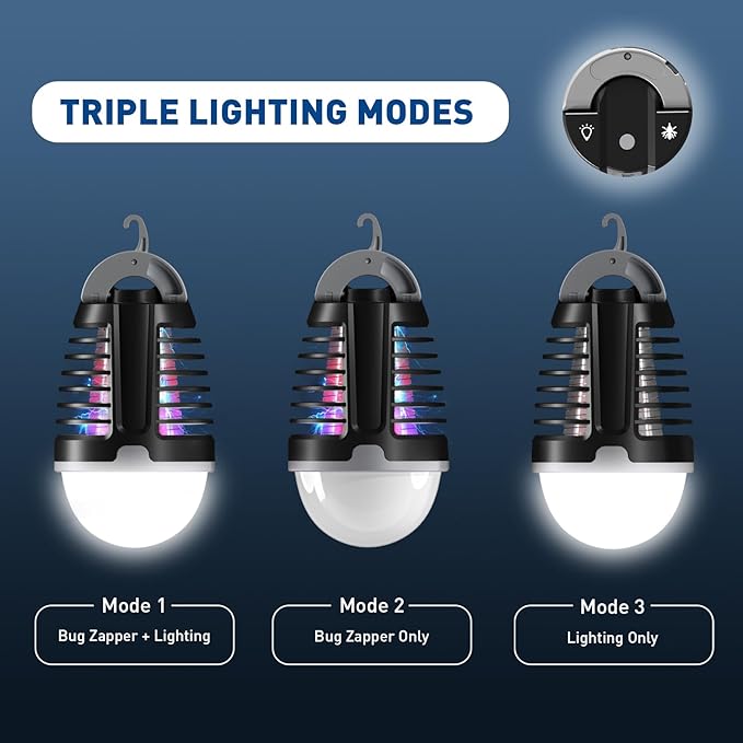 Portable Bug Zapper Outdoor Indoor, Electric Mosquito Fly Killer Lamp with Three Lighting Mode, USB Rechargeable Light Bulb Zapper for Camping, Home, Patio (3 Pack)