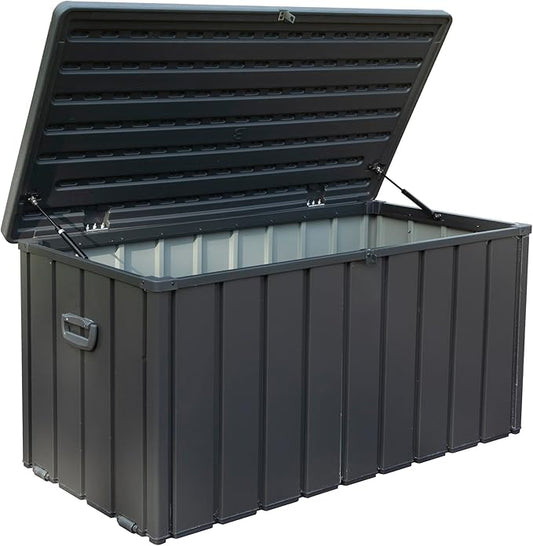 120 Gallon Outdoor Storage Deck Box Waterproof, Large Patio Storage Bin for Outside Cushions, Throw Pillows, Garden Tools, Lockable (Dark Gray Resin Lid)
