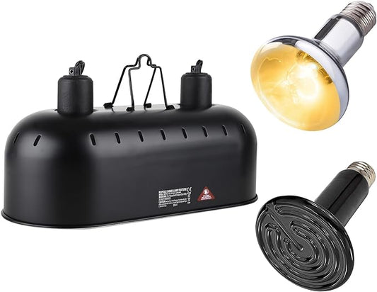 15 inch Dual Reptile Light Fixture, Max 150W Dual Reptile Heat Lamp Fixture with 100W UVA UVB Sun Light & Ceramic Heat Emitter,Double Dome Lamp for Terrarium and Tortoise Habitat