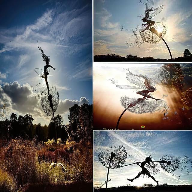 Flower Fairy Dancing with Dandelion, Art Sculpture Fairies for Fairy Garden, Angel Metal Ornaments Gardens Art Sculpture, Outdoor Decorations for The Courtyard, Christmas and Halloween Lawn (D)