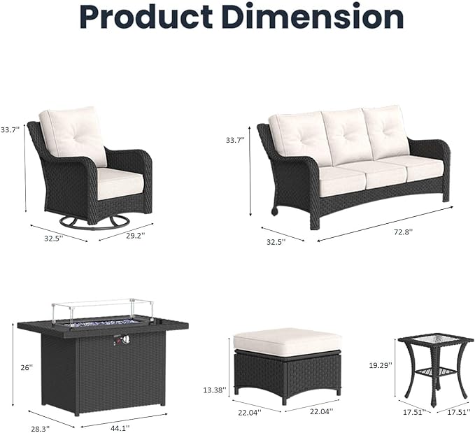 10 Pieces Outdoor Patio Furniture Sets with Rocking Swivel Chairs with 6-inch Thick Cushion and Fire Pit Table for Deck Lawn