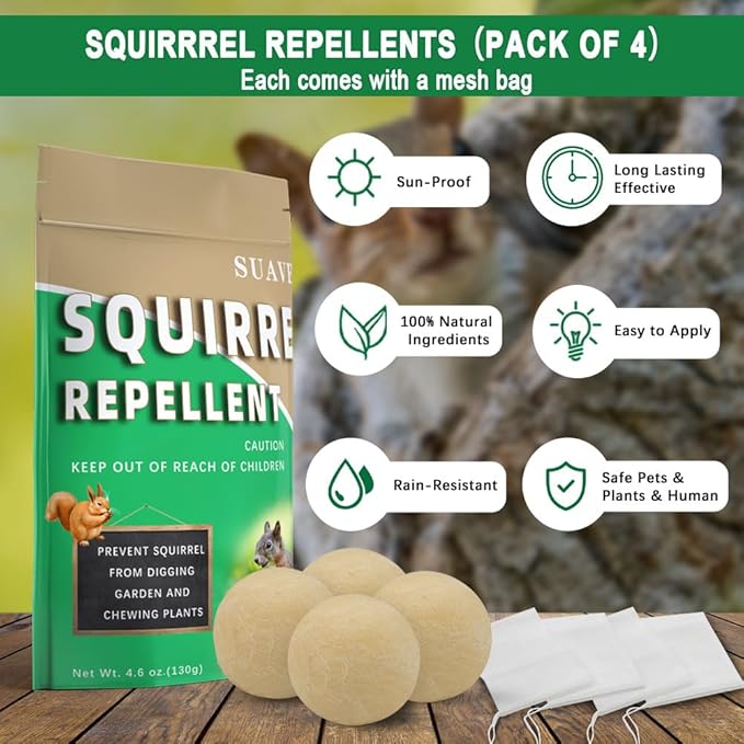 Squirrel Repellent Outdoor, Chipmunk Repellent for Attic/Garden/Bird Feeders/Plants/Cars, Deterrent Squirrels, Keep Chipmunks Away-4P
