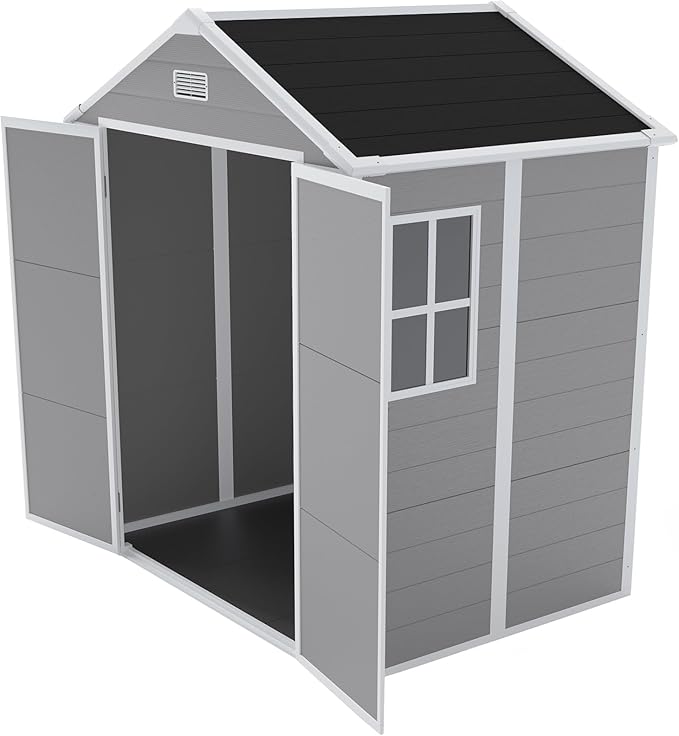 6x5 FT Resin Storage Shed,Garden House with Floor & Lockable Door,Waterproof Plastic Tool Sheds W/Slanting Roof Visual Window & Air Vents for Bicycles,Lawnmowers,Lawn,All Weather Use,Gray