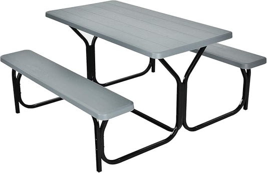 Giantex Picnic Table Bench Set Outdoor Camping All Weather Metal Base Wood-Like Texture Backyard Poolside Dining Party Garden Patio Lawn Deck Furniture Large Camping Picnic Tables for Adult (Gray)