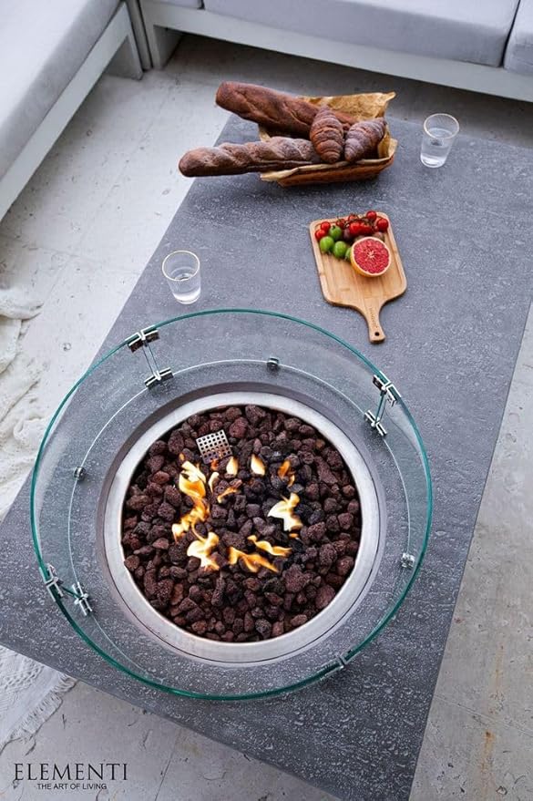 Elementi | Bundle Metropolis Gas Fire Pit Cast Concrete 56" Rectangular Fire Table, Outdoor Fire Pit Electronic Ignition | Canvas Cover, Lava Rock Included | Light Gray (Natural Gas)