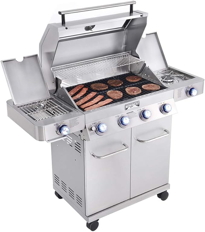 Monument Grills Larger 4-Burner Propane Gas Grills Stainless Steel Cabinet Style with Infrared Side Sear & Side Burners with Cooking Plate(2 Items), Outdoor Use