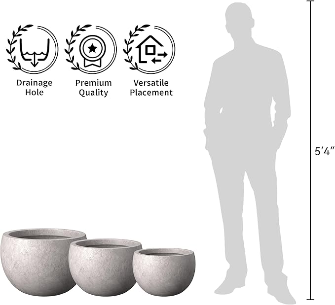 Kante 19.9" Dia Round Concrete Planter, Outdoor/Indoor Large Bowl Plant Pots with Drainage Hole and Rubber Plug for Garden Patio Balcony Home, Light Gray