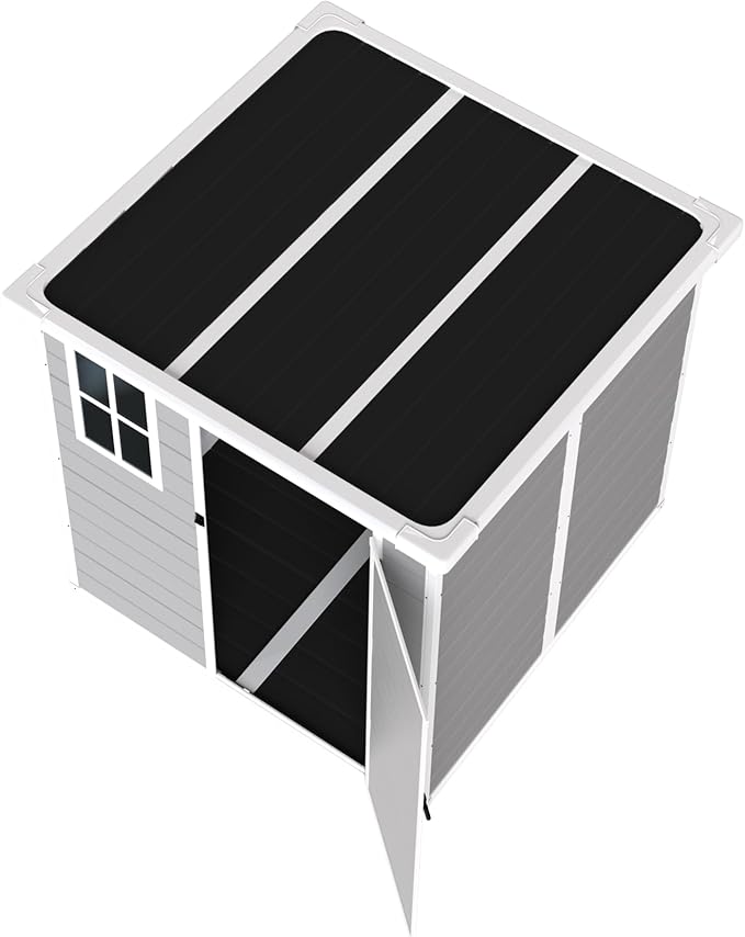 6x6 FT Storage Shed Garden House with Lockable Doors and Vents Waterproof Resin Outdoor Tool Cabinet W/Floor & Window,for Bicycles,Lawnmowers,Lawn,All Weather Use,Gray