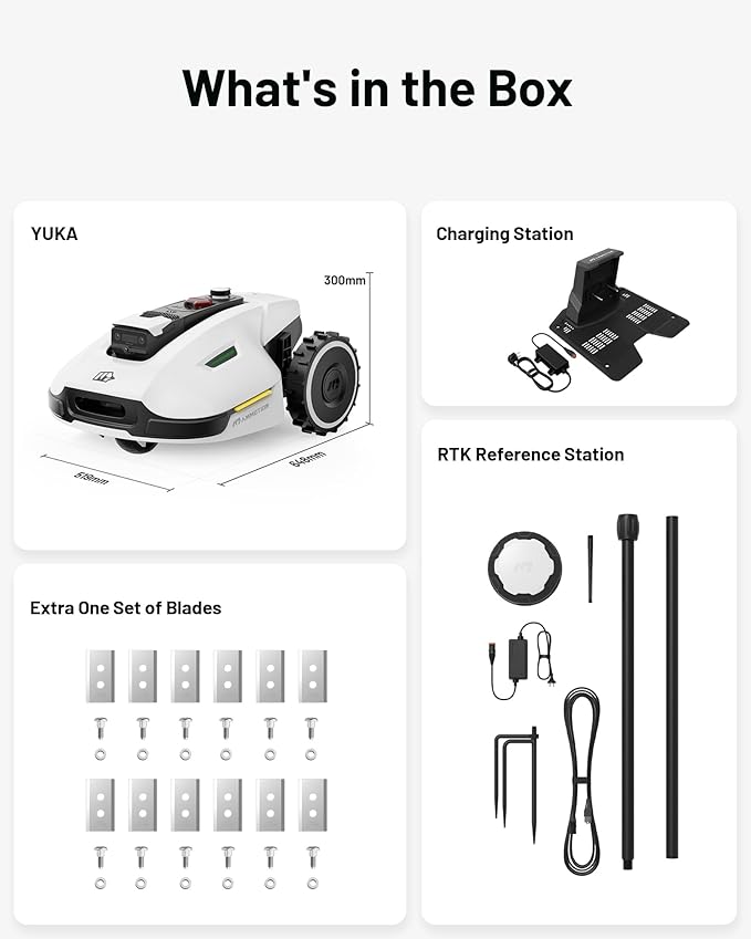 YUKA 2000 Robot Lawn Mower with 4G, Reception 0.5 Acre,Max. 0.7 Acre, Ultrasense AI Vision & RTK, Auto Mapping & App Control,45% Slope,Wireless Perimeter,Dual Cutting Discs, 20 Mowing Zones