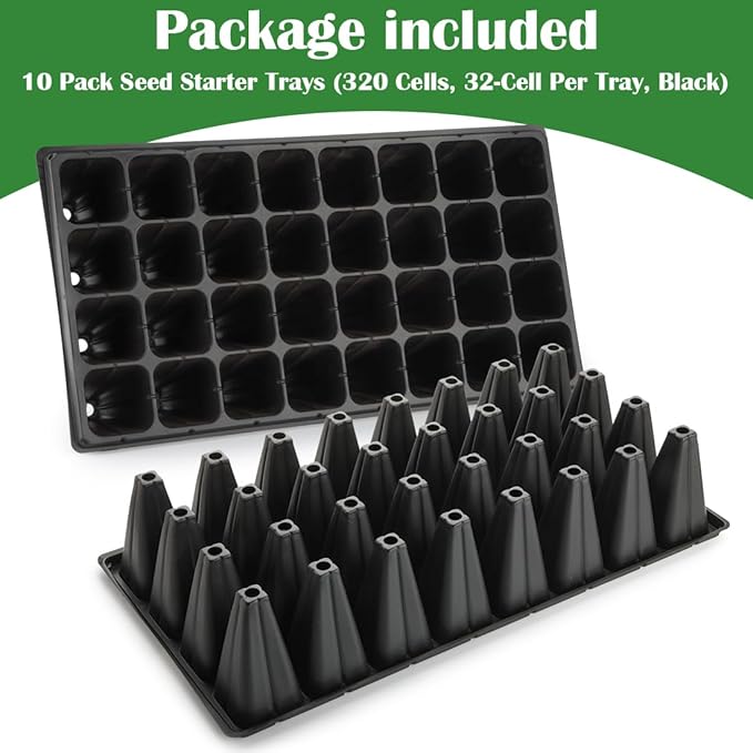 10 Pack 32 Cell Seed Starter Trays - Extra Deep 4.33" Plastic Nursery Trays, 20" x 10"，Fits Standard 1020 Flats