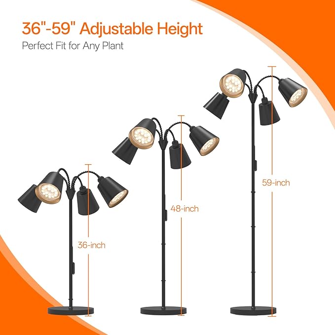 Grow Lights for Indoor Plants, 4 Head Floor Grow Light Stand with Flexible Gooseneck, 3800K Full Spectrum Non-Dimmable Light for Plants Growing, 59" Tall Standing Grow Light with Smart Timer