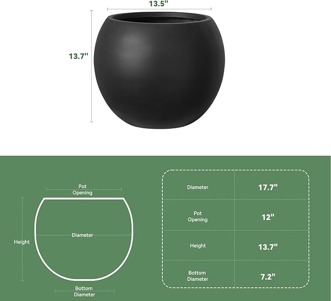 YOLENY 17.7'' Dia Large Round Planter with Drainage Hole, Sphere Planter Outdoor Indoor Plant Flower Pot with Rubber Plug for Garden Patio Balcony Home, Black