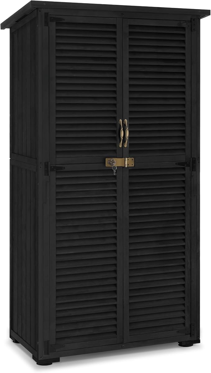 MCombo Outdoor Storage Cabinet, Wooden Storage Shed with Latch, Outside Garden Tool Shed with 2 Doors for Patio Yard Lawn, 0808 (Black, Medium)