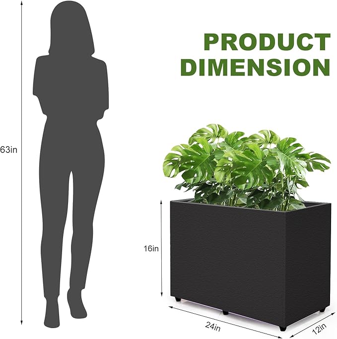 4 Pack Planter Box Rectangular Block - 24×16×12IN Galvanized Steel Long Planter Easy Installation Modern Outdoor Tall Planters All-Weather Use with Drainage Holes for Patio/Porch(Black)