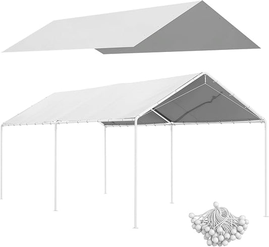 Outsunny 10' x 20' Carport Replacement Top Canopy Cover, UV Resistant and Water Resistant Car Port Portable Garage Tent Cover with Ball Bungee Cords, White, Only Cover