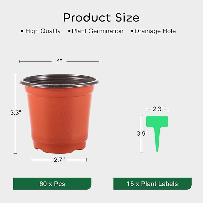 GROWNEER 60 Pcs 4'' Plastic Nursery Pots with 15 Plant Labels, Seedling Starter Containers for Flower Growing and Indoor Outdoor Garden Transplanting