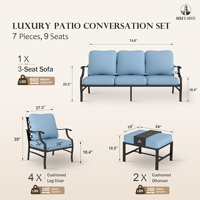 HERA'S HOUSE 7 Piece Patio Furniture Set, 4 x Metal Cushioned Chair, 2 x Cushioned Ottoman, 1 x 3-Seat Sofa, Outdoor Conversation Set for Lawn Garden Backyard, Blue
