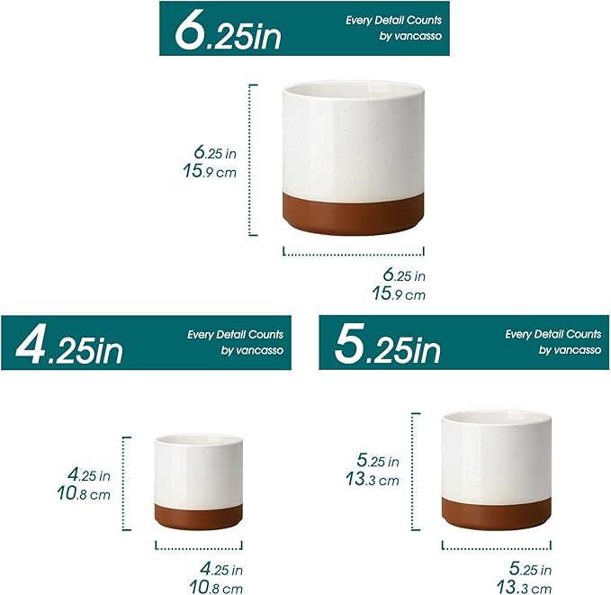 vancasso Ceramic Plant Pots, 4.25+5.25+6.25 Inch Planter Pot with Drainage Hole, Flower Pots for Indoor Outdoor Plants, Set of 3, Khaki