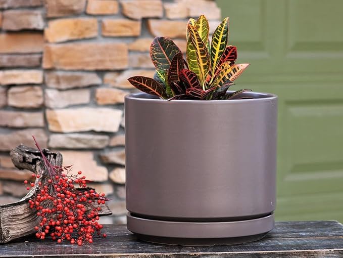 Mid Modern Planter with Detached Saucer (Pastel Taupe,14.0" D x 12.0" H)