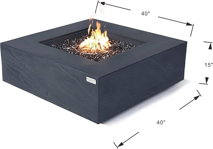 Elementi+ | Bundle Roraima Gas Fire Pit Cast Concrete 40" Square Fire Table, Outdoor Fire Pit Electronic Ignition | Canvas Cover, Fire Glass and Burner Lid Included | Dark Gray | Natural Gas