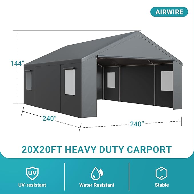 Carport, Heavy Duty Car Port 20x20 FT, Large Car Canopy with Roll-Up Windows & Side-Opening Door, Outdoor Portable Garage Reinforced Four-Hole Base for Car, Truck, Boat, Motorcycle