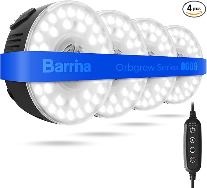 Barrina Orbgrow OG09 Puck Grow Light, 5000K 36W(4 x 9W, 540 Watt Equiv), Full Spectrum Plant Light for Indoor Plants, Magnetic & Linkable with Timer, 5 Levels Dimmable for Plant Shelf, 4 Packs, Black
