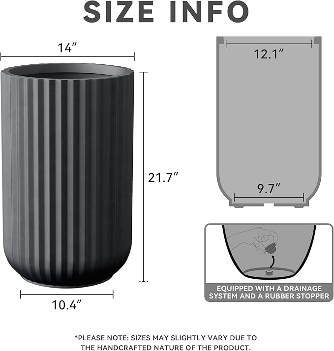 Kante Tall Fulted Planter, 21.7 Inch Tall Round Concrete Plant Pots with Drainage Hole and Rubber Plug, Modern Decor for Indoor Outdoor Plants, Flower, Black