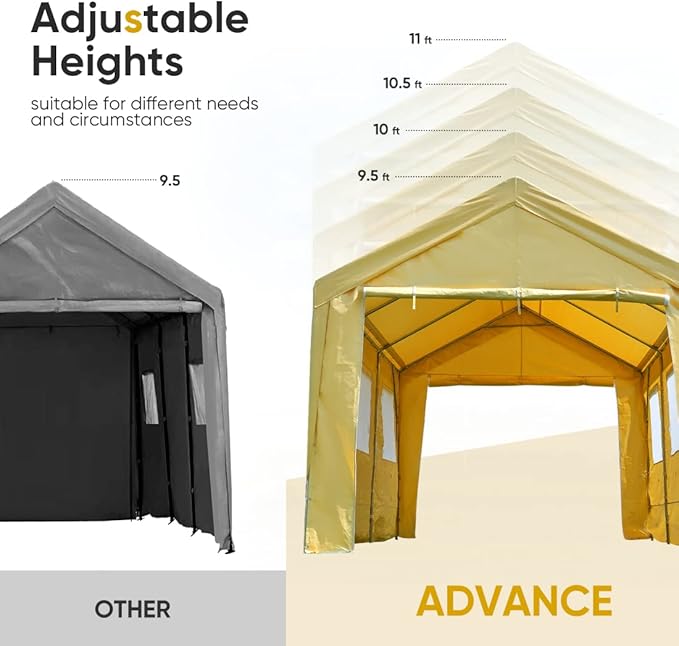 ADVANCE OUTDOOR 10x20 ft Adjustable Height Carport with Removable Window Sidewalls and Doors, Heavy Duty Car Canopy Garage Party Tent Boat Shelter with Reinforced Poles, Beige
