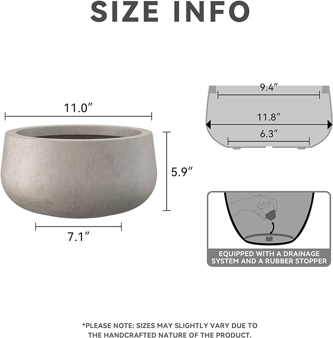 Kante 11.8" Dia Round Concrete Planter, Cement Plant Pots with Drainage Hole and Rubber Plug for Outdoor Indoor Garden Home, Modern Curvaceous Design, Weathered Concrete