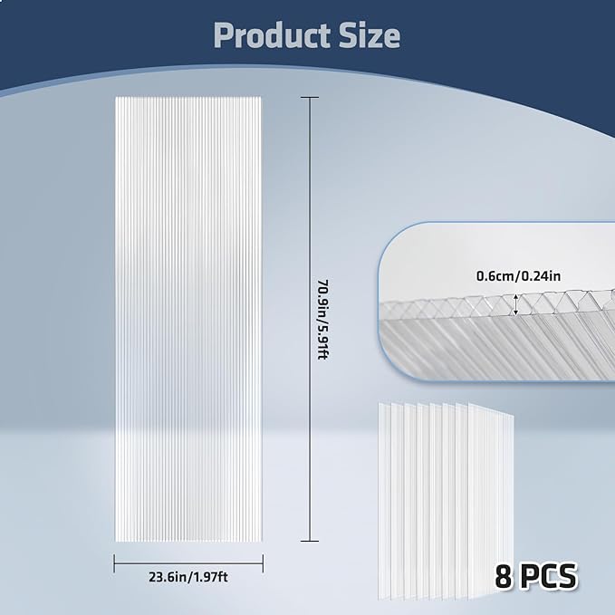 UMIG 8 PCS 6' x 2' x 0.24'' Polycarbonate Greenhouse Panels, Twin-Wall Waterproof UV Protected Corrugated Plastic Roof Panels Sheets, Clear Replacement Panels for Greenhouse, Outdoor, Plant