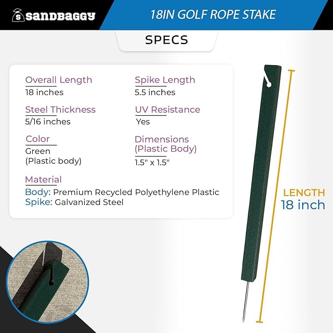 18" Golf Rope Stake - Square Stake (UV Resistant) - Sandbaggy (18-inch, 3, Count)