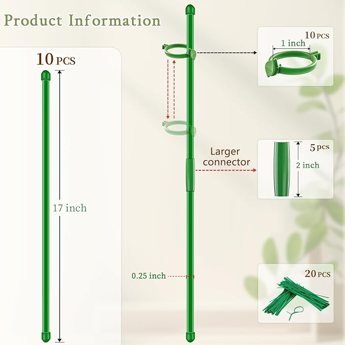 Plant Stakes 17 inch 10Pcs SupKing Support Stick Orchid Stakes with Clips Garden Plant Poles Extended to 3/4/5ft for Indoor Outdoor Potted Tomato Rose Amaryllis Vegetables Monstera Comes with 20 Ties